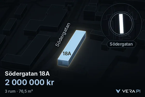 VERA PI's image of Södergatan 18A: the building in 3D, lit in blue, and the map around it