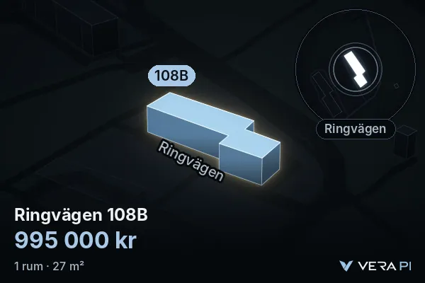 VERA PI's image of Ringvägen 108B: the building in 3D, lit in blue, and the map around it