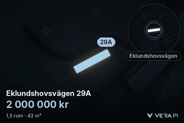 VERA PI's image of Eklundshovsvägen 29A: the building in 3D, lit in blue, and the map around it