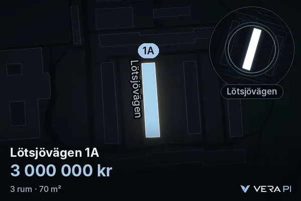 VERA PI:s bild av Lötsjövägen 1A: huset i 3D, upplyst i blått, och kartan runt omkring