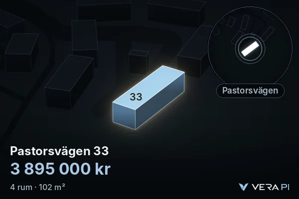 VERA PI:s bild av Pastorsvägen 33: huset i 3D, upplyst i blått, och kartan runt omkring
