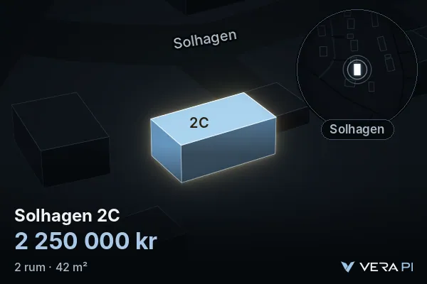 VERA PI's image of Solhagen 2C: the building in 3D, lit in blue, and the map around it