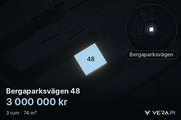 VERA PI:s bild av Bergaparksvägen 48: huset i 3D, upplyst i blått, och kartan runt omkring