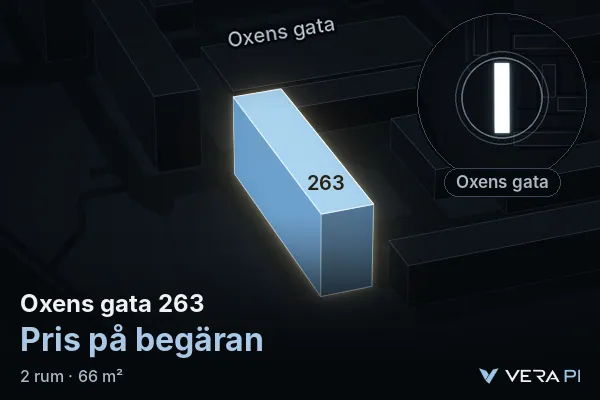 VERA PI:s bild av Oxens gata 263: huset i 3D, upplyst i blått, och kartan runt omkring