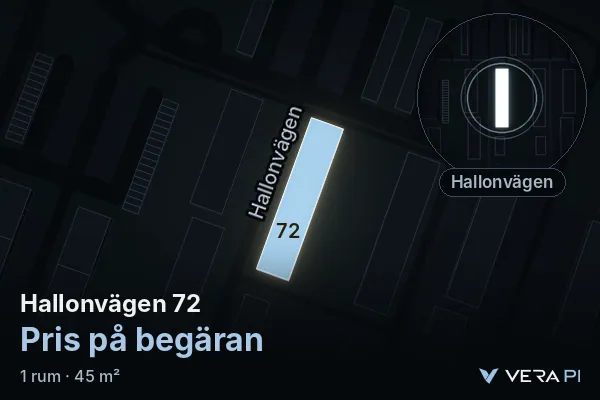 VERA PI:s bild av Hallonvägen 72: huset i 3D, upplyst i blått, och kartan runt omkring