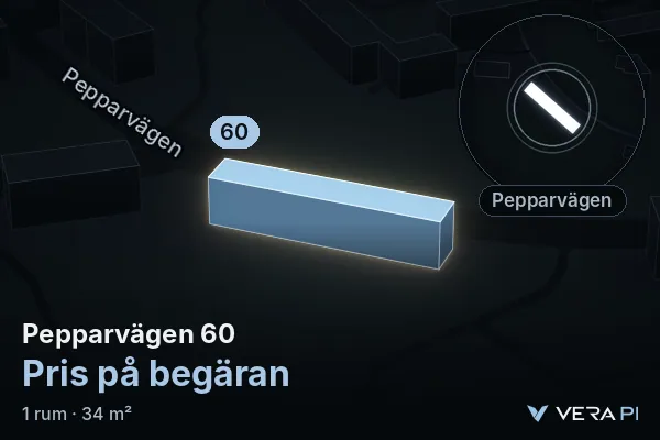 VERA PI's image of Pepparvägen 60: the building in 3D, lit in blue, and the map around it