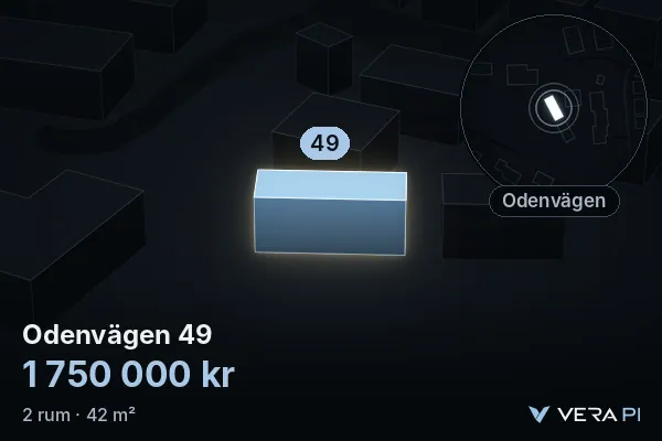 VERA PI's image of Odenvägen 49: the building in 3D, lit in blue, and the map around it