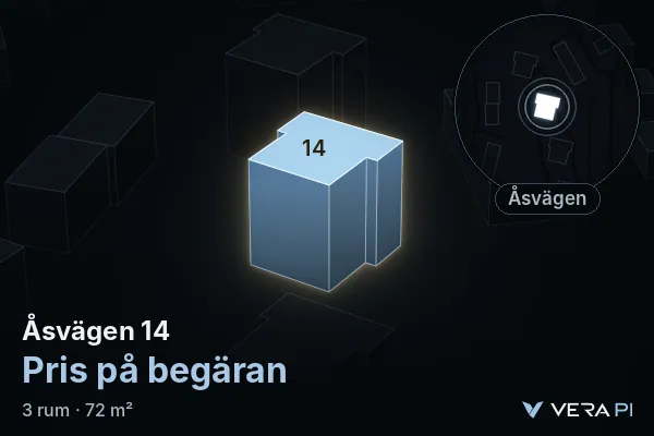 VERA PI's image of Åsvägen 14: the building in 3D, lit in blue, and the map around it
