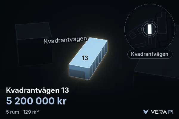 VERA PI:s bild av Kvadrantvägen 13: huset i 3D, upplyst i blått, och kartan runt omkring