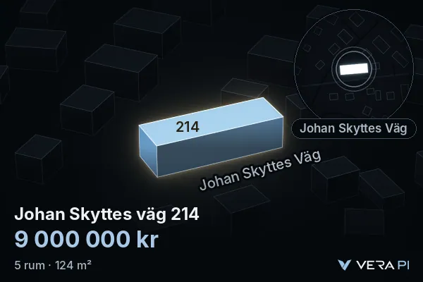 VERA PI's image of Johan Skyttes väg 214: the building in 3D, lit in blue, and the map around it