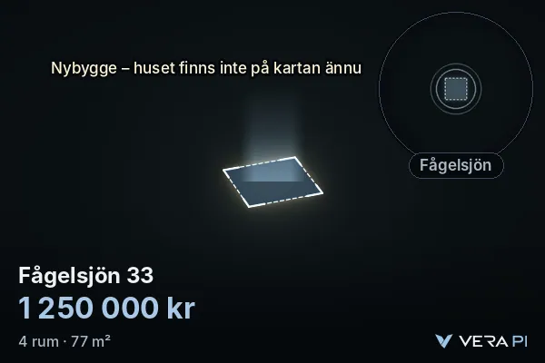 VERA PI:s bild av Fågelsjön 33: huset i 3D, upplyst i blått, och kartan runt omkring