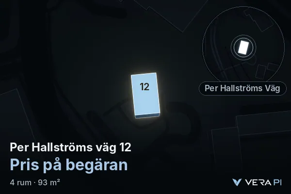 VERA PI:s bild av Per Hallströms väg 12: huset i 3D, upplyst i blått, och kartan runt omkring