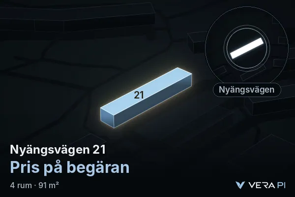 VERA PI's image of Nyängsvägen 21: the building in 3D, lit in blue, and the map around it