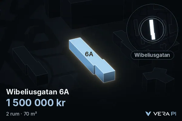 VERA PI's image of Wibeliusgatan 6A: the building in 3D, lit in blue, and the map around it