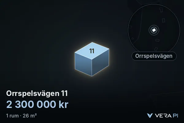 VERA PI:s bild av Orrspelsvägen 11: huset i 3D, upplyst i blått, och kartan runt omkring