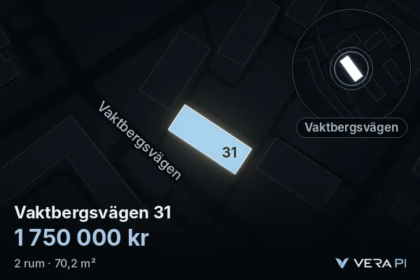 VERA PI:s bild av Vaktbergsvägen 31: huset i 3D, upplyst i blått, och kartan runt omkring