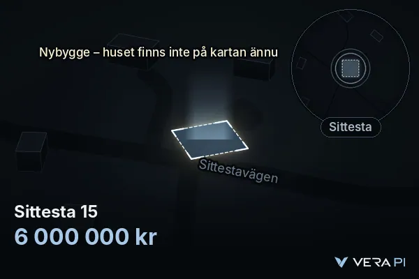 VERA PI:s bild av Sittesta 15: huset i 3D, upplyst i blått, och kartan runt omkring