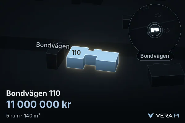 VERA PI:s bild av Bondvägen 110: huset i 3D, upplyst i blått, och kartan runt omkring