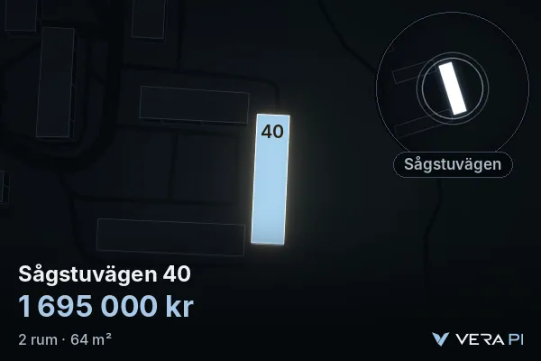 VERA PI:s bild av Sågstuvägen 40: huset i 3D, upplyst i blått, och kartan runt omkring