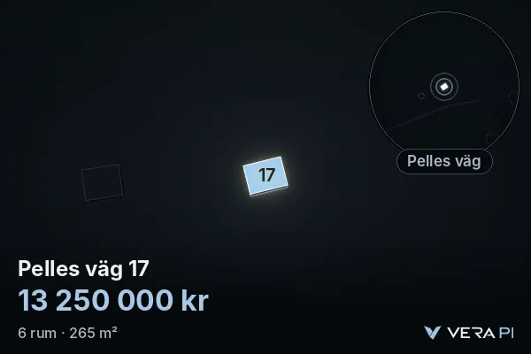 VERA PI's image of Pelles väg 17: the building in 3D, lit in blue, and the map around it