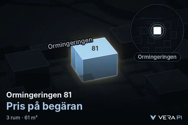 VERA PI:s bild av Ormingeringen 81: huset i 3D, upplyst i blått, och kartan runt omkring