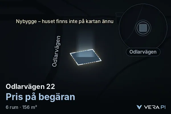 VERA PI's image of Odlarvägen 22: the building in 3D, lit in blue, and the map around it