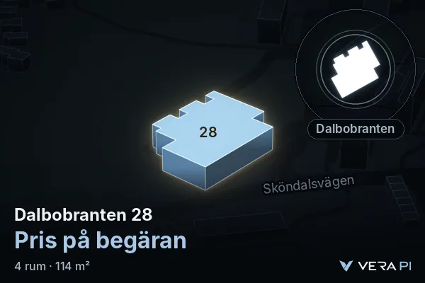 VERA PI's image of Dalbobranten 28: the building in 3D, lit in blue, and the map around it