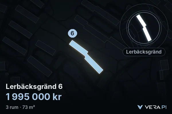 VERA PI's image of Lerbäcksgränd 6: the building in 3D, lit in blue, and the map around it