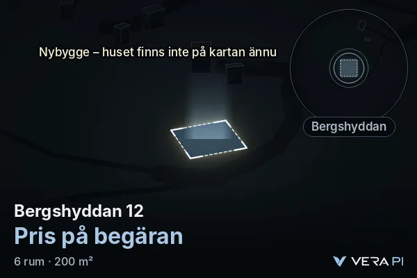 VERA PI:s bild av Bergshyddan 12: huset i 3D, upplyst i blått, och kartan runt omkring