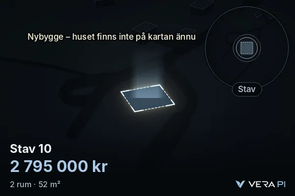 VERA PI:s bild av Stav 10: huset i 3D, upplyst i blått, och kartan runt omkring