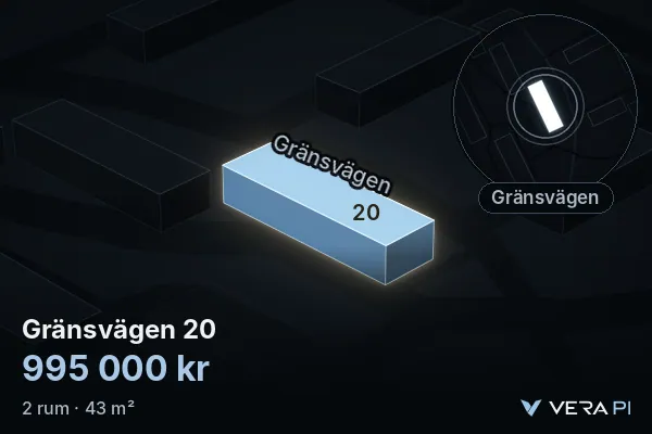 VERA PI:s bild av Gränsvägen 20: huset i 3D, upplyst i blått, och kartan runt omkring