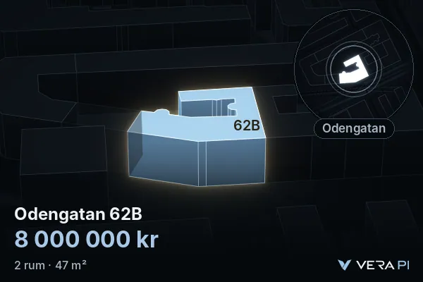 VERA PI:s bild av Odengatan 62B: huset i 3D, upplyst i blått, och kartan runt omkring