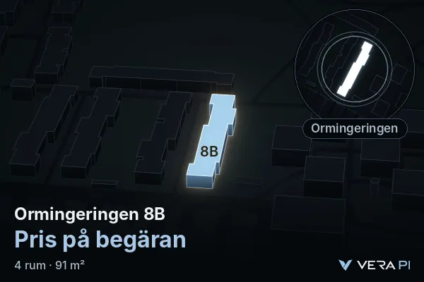 VERA PI:s bild av Ormingeringen 8B: huset i 3D, upplyst i blått, och kartan runt omkring