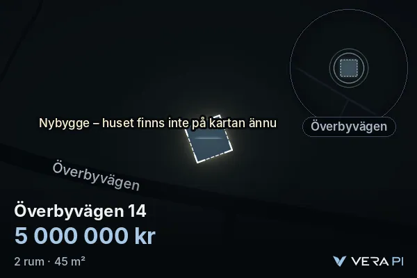 VERA PI:s bild av Överbyvägen 14: huset i 3D, upplyst i blått, och kartan runt omkring