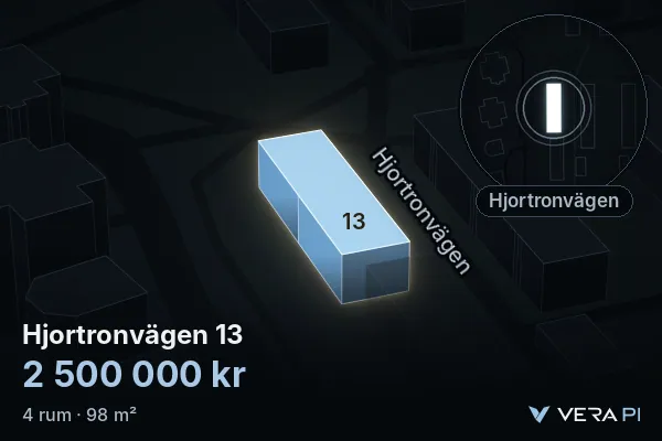 VERA PI's image of Hjortronvägen 13: the building in 3D, lit in blue, and the map around it