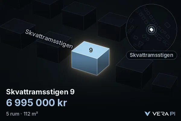 VERA PI:s bild av Skvattramsstigen 9: huset i 3D, upplyst i blått, och kartan runt omkring