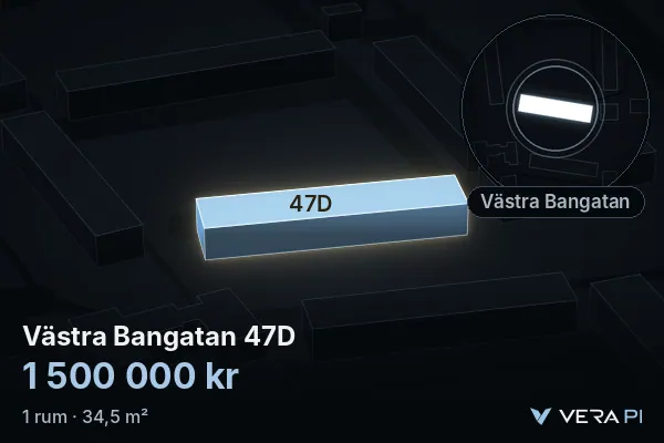 VERA PI:s bild av Västra Bangatan 47D: huset i 3D, upplyst i blått, och kartan runt omkring