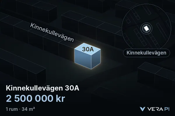 VERA PI's image of Kinnekullevägen 30A: the building in 3D, lit in blue, and the map around it