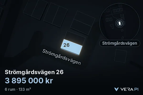 VERA PI's image of Strömgårdsvägen 26: the building in 3D, lit in blue, and the map around it