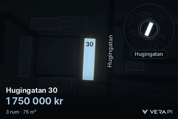 VERA PI:s bild av Hugingatan 30: huset i 3D, upplyst i blått, och kartan runt omkring