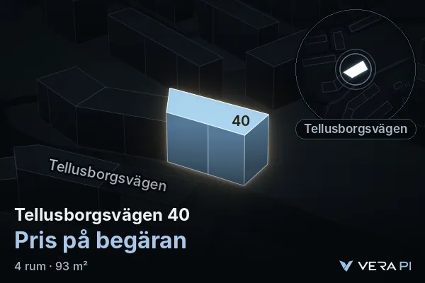 VERA PI's image of Tellusborgsvägen 40: the building in 3D, lit in blue, and the map around it
