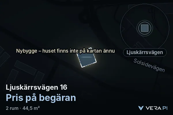 VERA PI:s bild av Ljuskärrsvägen 16: huset i 3D, upplyst i blått, och kartan runt omkring