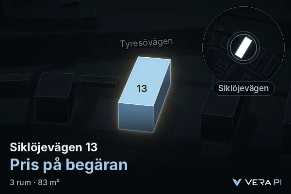 VERA PI:s bild av Siklöjevägen 13: huset i 3D, upplyst i blått, och kartan runt omkring