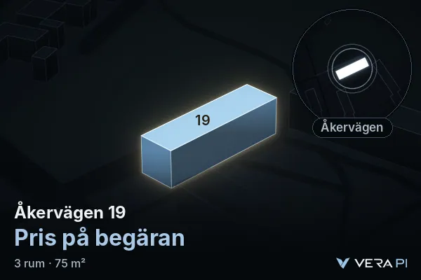 VERA PI:s bild av Åkervägen 19: huset i 3D, upplyst i blått, och kartan runt omkring
