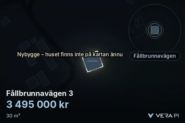 VERA PI's image of Fållbrunnavägen 3: the building in 3D, lit in blue, and the map around it