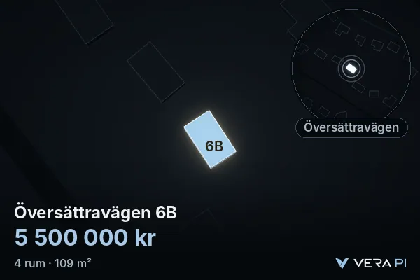VERA PI:s bild av Översättravägen 6B: huset i 3D, upplyst i blått, och kartan runt omkring
