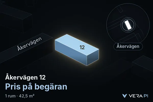 VERA PI:s bild av Åkervägen 12: huset i 3D, upplyst i blått, och kartan runt omkring