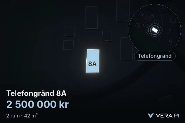 VERA PI's image of Telefongränd 8A: the building in 3D, lit in blue, and the map around it