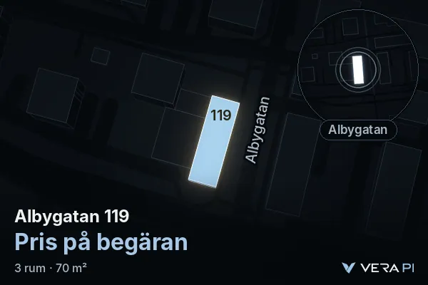 VERA PI:s bild av Albygatan 119: huset i 3D, upplyst i blått, och kartan runt omkring