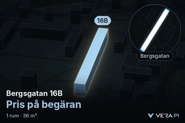 VERA PI's image of Bergsgatan 16B: the building in 3D, lit in blue, and the map around it